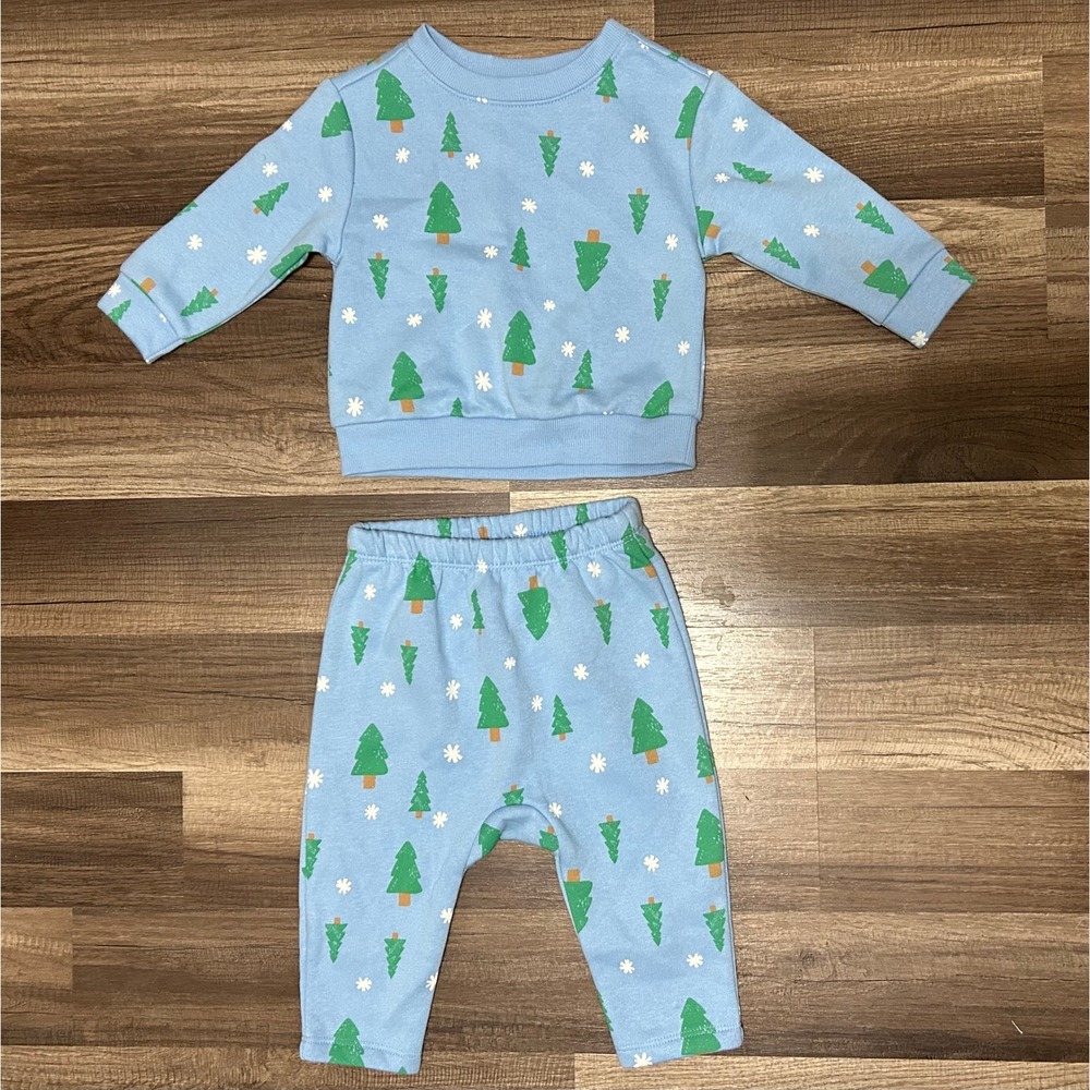 Old Navy Sweatshirt Jogger Set Baby 6-12M Blue Tree Snowflake Fleece Cabin Cozy